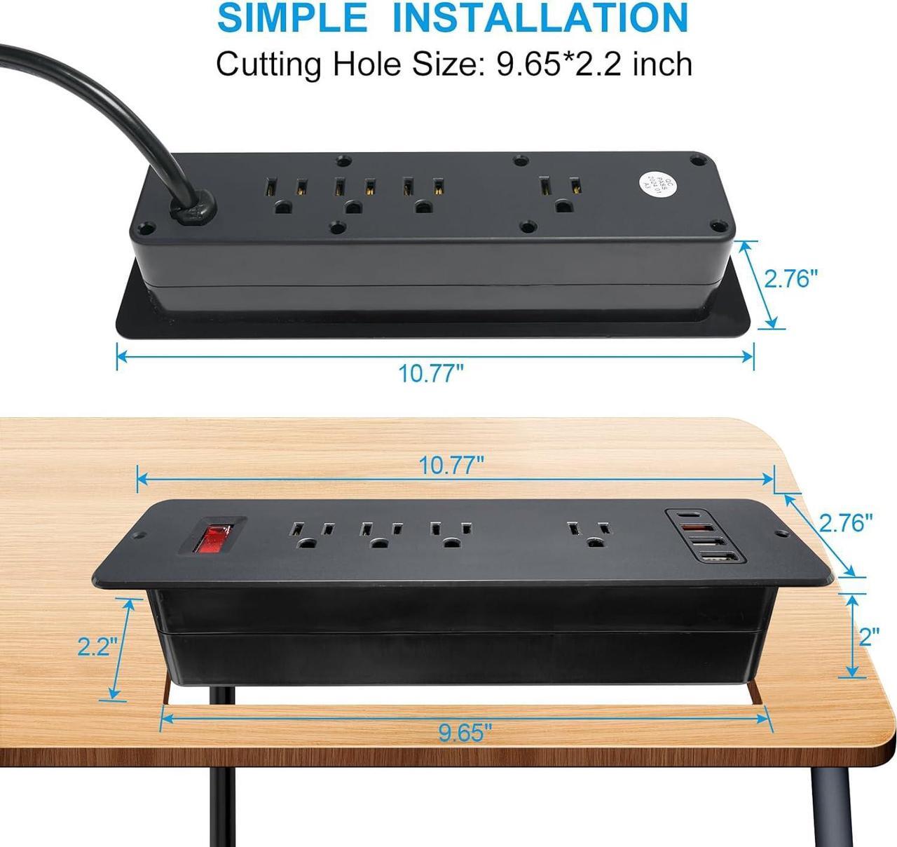 Alt view image 2 of 7 - 8 Outlets Dual Side USB C Recessed Power Strip Flush Mount Charging Station Built in Desk Multiple Power Socket for Furniture Cabinet Table Conference (Black)