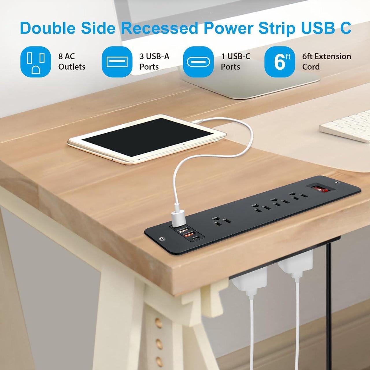 Alt view image 3 of 7 - 8 Outlets Dual Side USB C Recessed Power Strip Flush Mount Charging Station Built in Desk Multiple Power Socket for Furniture Cabinet Table Conference (Black)