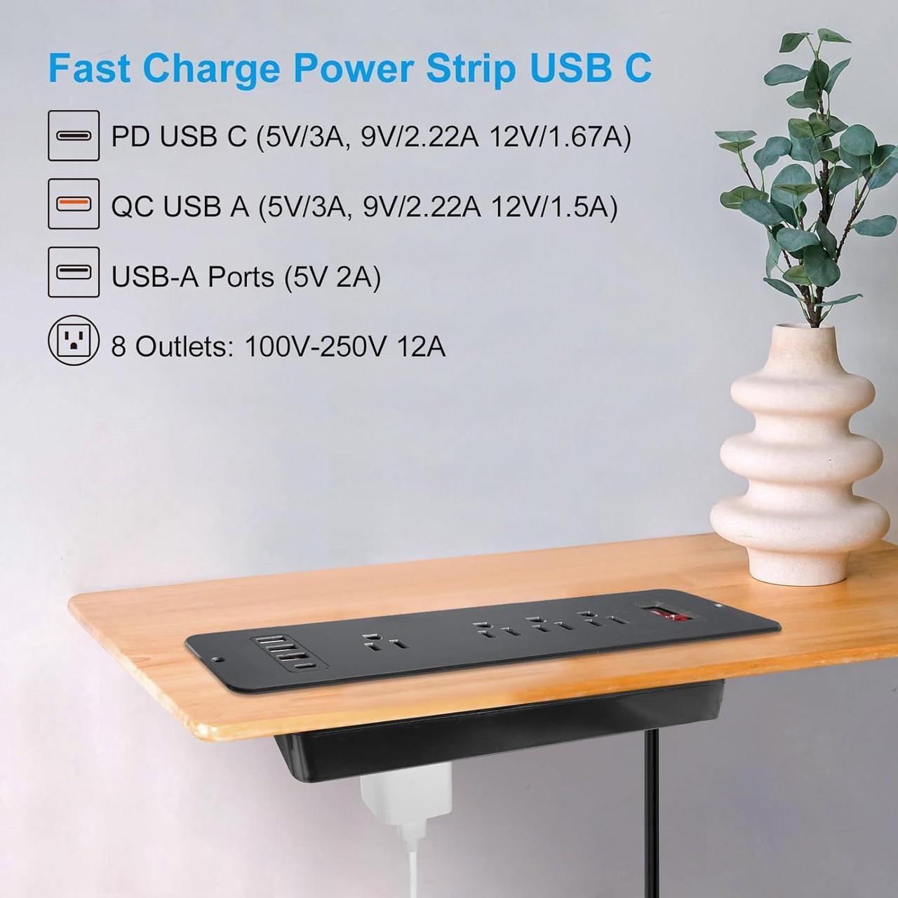 Alt view image 5 of 7 - 8 Outlets Dual Side USB C Recessed Power Strip Flush Mount Charging Station Built in Desk Multiple Power Socket for Furniture Cabinet Table Conference (Black)