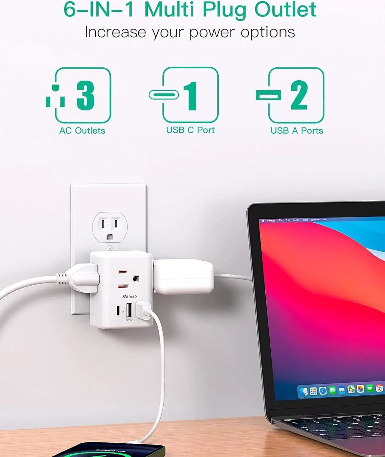 Alt view image 2 of 7 - 2 Pack Outlet Extender Multi Plug Outlet, USB Wall Charger with 3 USB Ports (1 USB C), No Surge Protector Cruise Essentials for Ship and Travel, ETL Listed