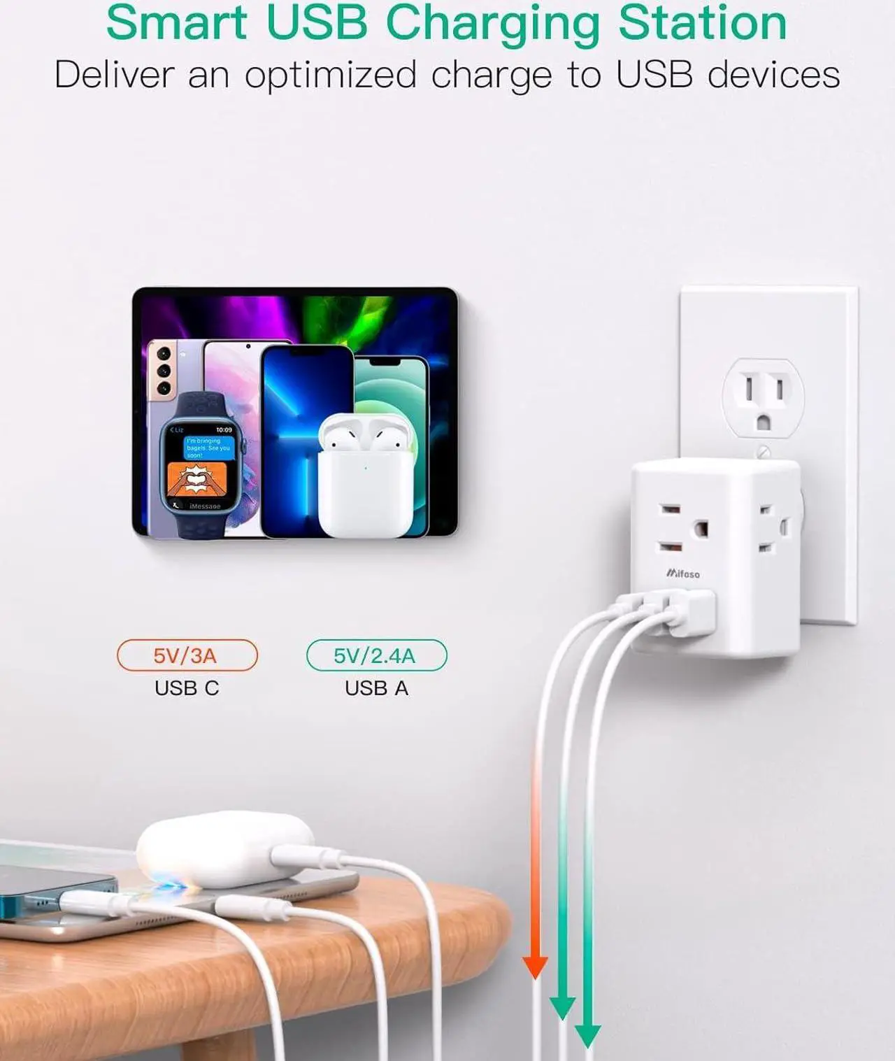 Alt view image 3 of 7 - 2 Pack Outlet Extender Multi Plug Outlet, USB Wall Charger with 3 USB Ports (1 USB C), No Surge Protector Cruise Essentials for Ship and Travel, ETL Listed