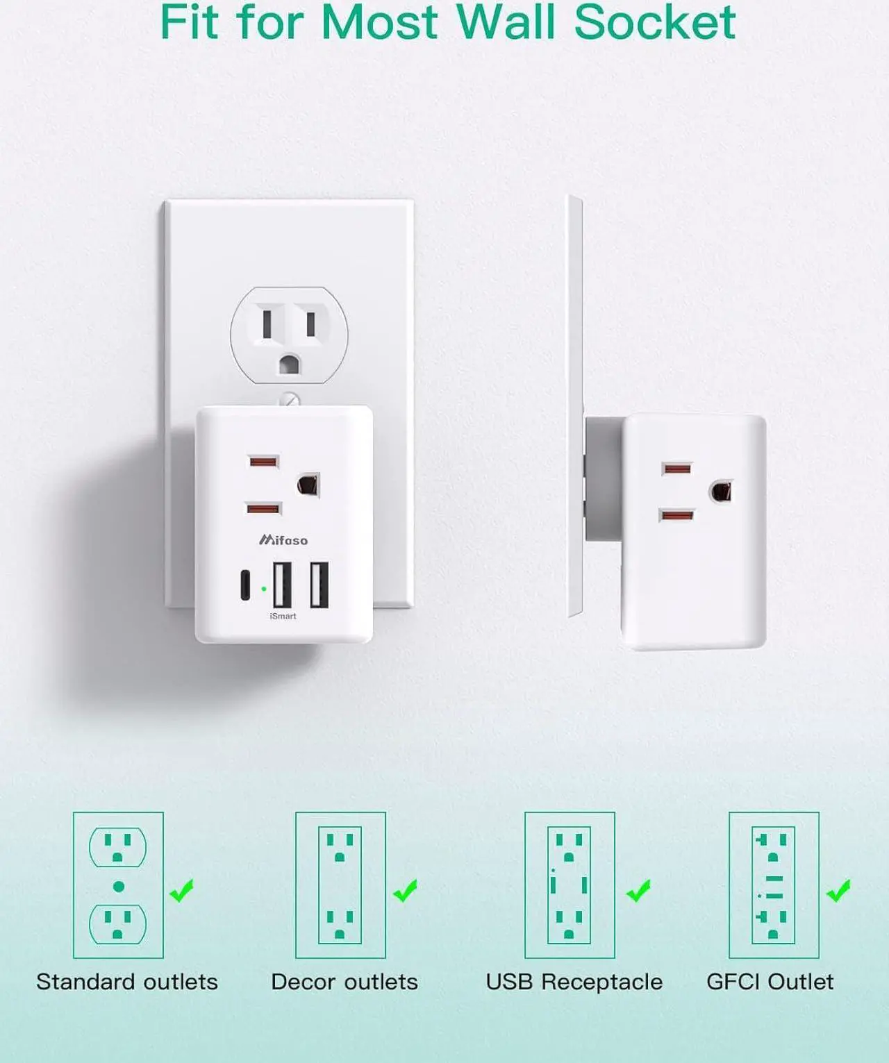 Alt view image 7 of 7 - 2 Pack Outlet Extender Multi Plug Outlet, USB Wall Charger with 3 USB Ports (1 USB C), No Surge Protector Cruise Essentials for Ship and Travel, ETL Listed