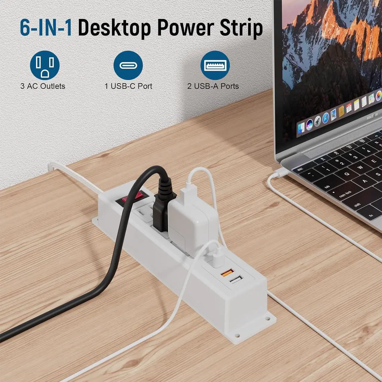 Alt view image 3 of 7 - BTU Wall Mount Power Strip with Fast Charing USB C, 3 Outlets Mountable Power Outlet with 3 USB, Under Desk Power Strip,Desk Mount Power Strip with 6FT Power CordWhite