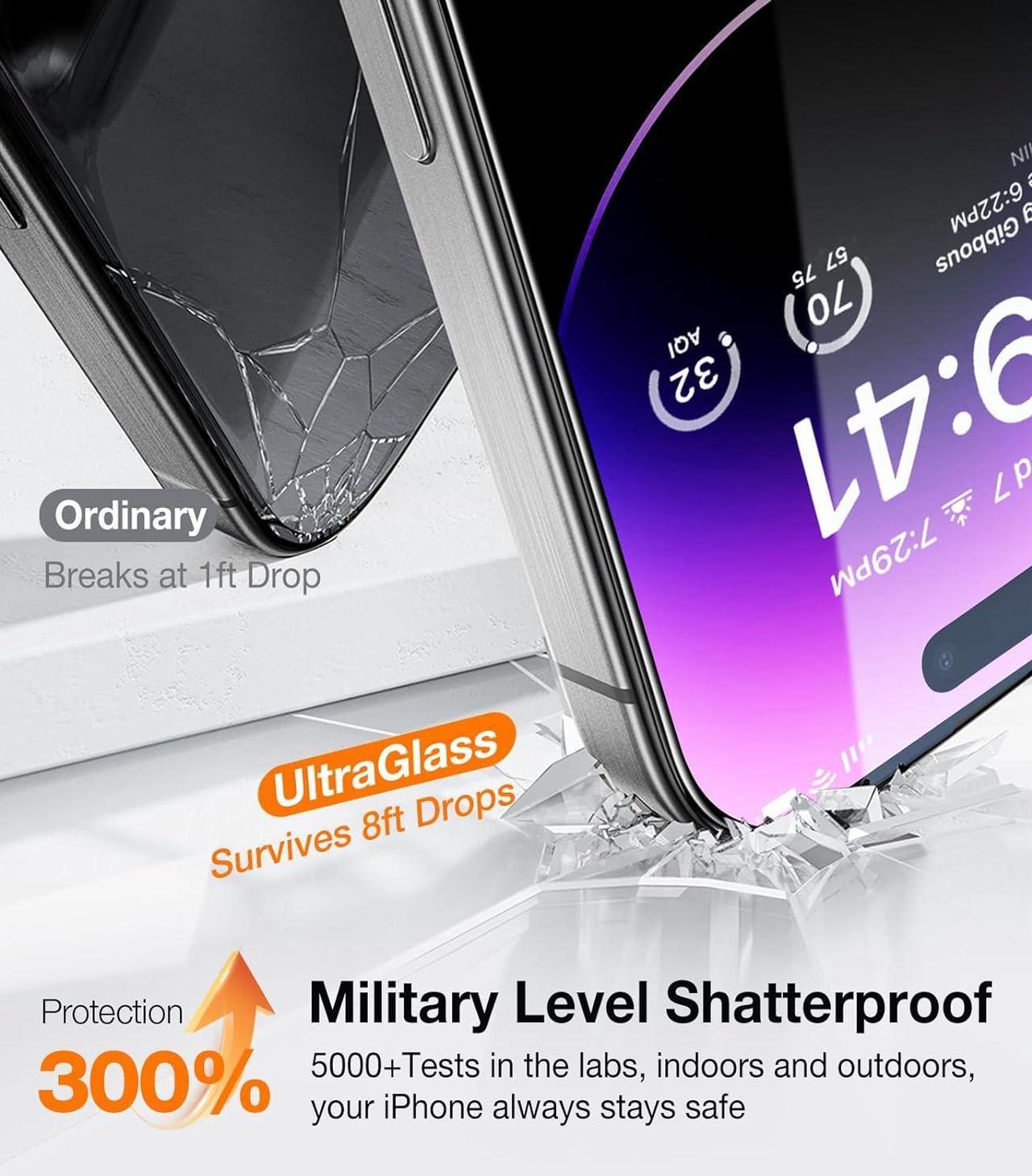Alt view image 3 of 7 - UltraGlass 9H+ Glass for iPhone 14 Pro Max Screen Protector [Military Grade Shatterproof & Longest Durable] Screen Protector 14 Pro Max Tempered Glass, Anti-fingerprint, 2 Packs