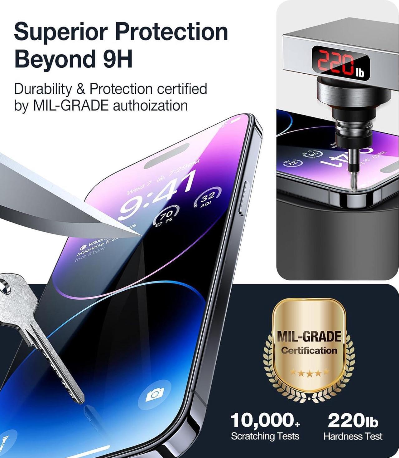 Alt view image 4 of 7 - UltraGlass 9H+ Glass for iPhone 14 Pro Max Screen Protector [Military Grade Shatterproof & Longest Durable] Screen Protector 14 Pro Max Tempered Glass, Anti-fingerprint, 2 Packs