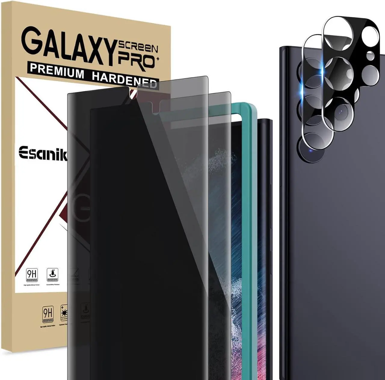 Main image of Esanik Privacy Screen Protector for Samsung Galaxy S22 Ultra 6.8 Inch Screen Protector [2 Pieces], 2 x PET Privacy Film [Non-Glass] + 2 x Camera Tempered Glass Screen Protectors, Anti-Spy Privacy Film