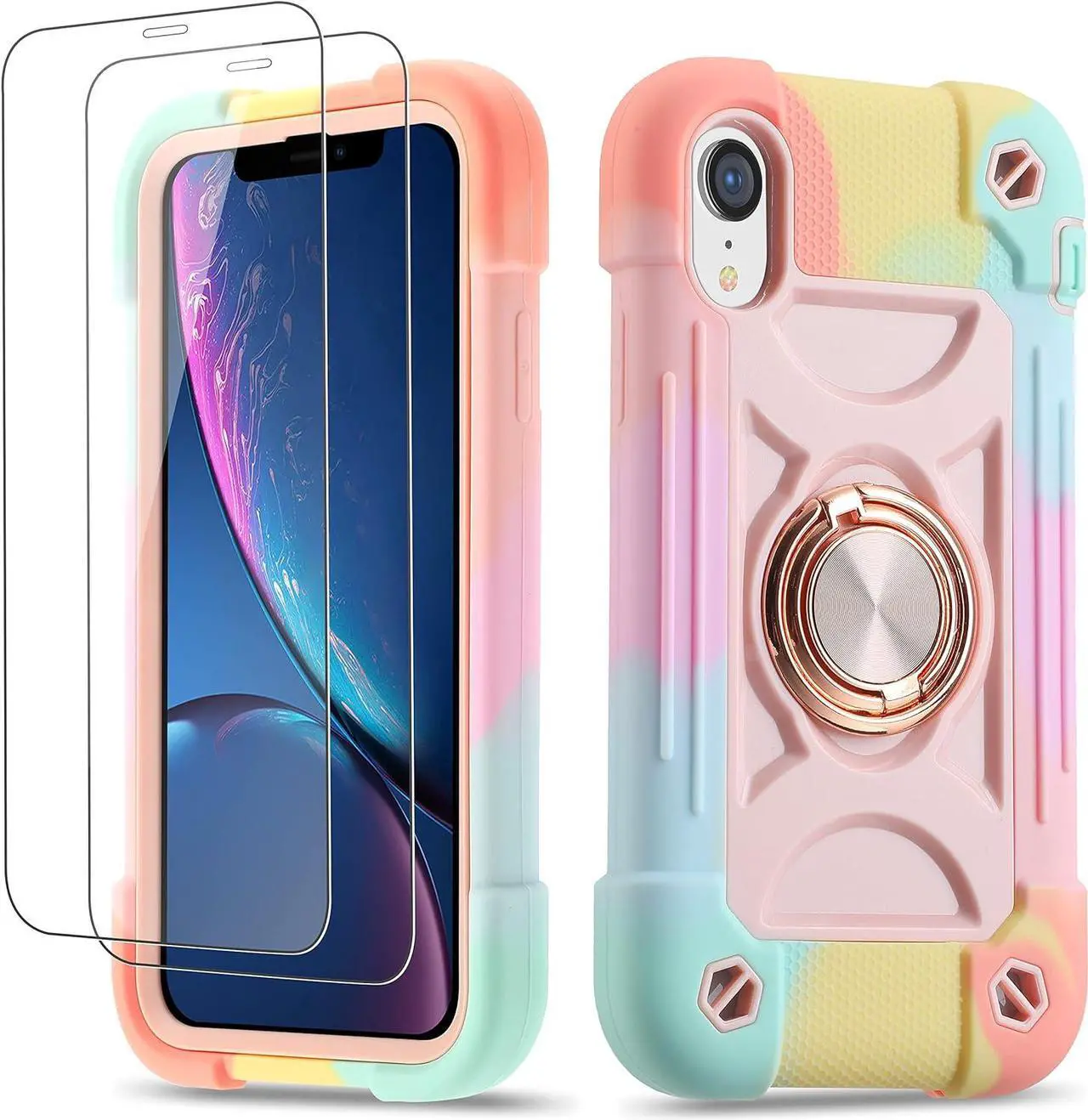 Main image of for iPhone XR Case 6.1 Inch with Ring Stand, with 2 Pack Glass Screen Protector,Heavy-Duty Shockproof Rugged Military Grade Cover with Magnetic Car Mount for iPhone XR (Rainbow Pink)