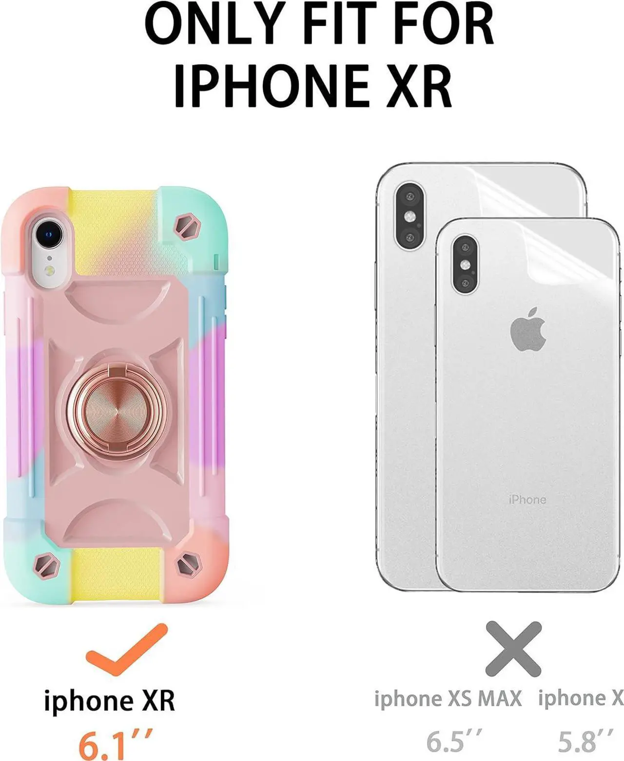 Alt view image 2 of 7 - for iPhone XR Case 6.1 Inch with Ring Stand, with 2 Pack Glass Screen Protector,Heavy-Duty Shockproof Rugged Military Grade Cover with Magnetic Car Mount for iPhone XR (Rainbow Pink)