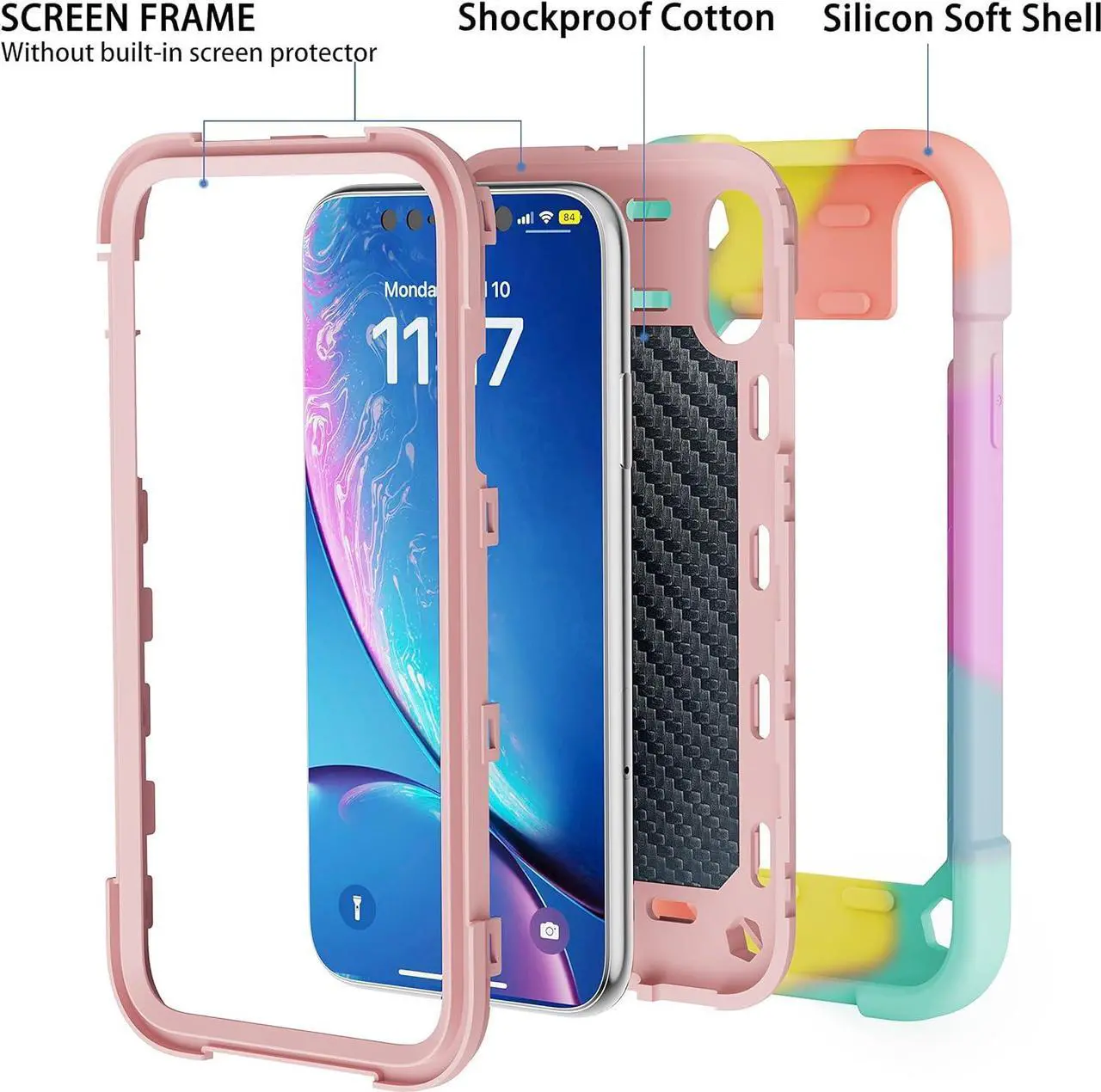 Alt view image 4 of 7 - for iPhone XR Case 6.1 Inch with Ring Stand, with 2 Pack Glass Screen Protector,Heavy-Duty Shockproof Rugged Military Grade Cover with Magnetic Car Mount for iPhone XR (Rainbow Pink)