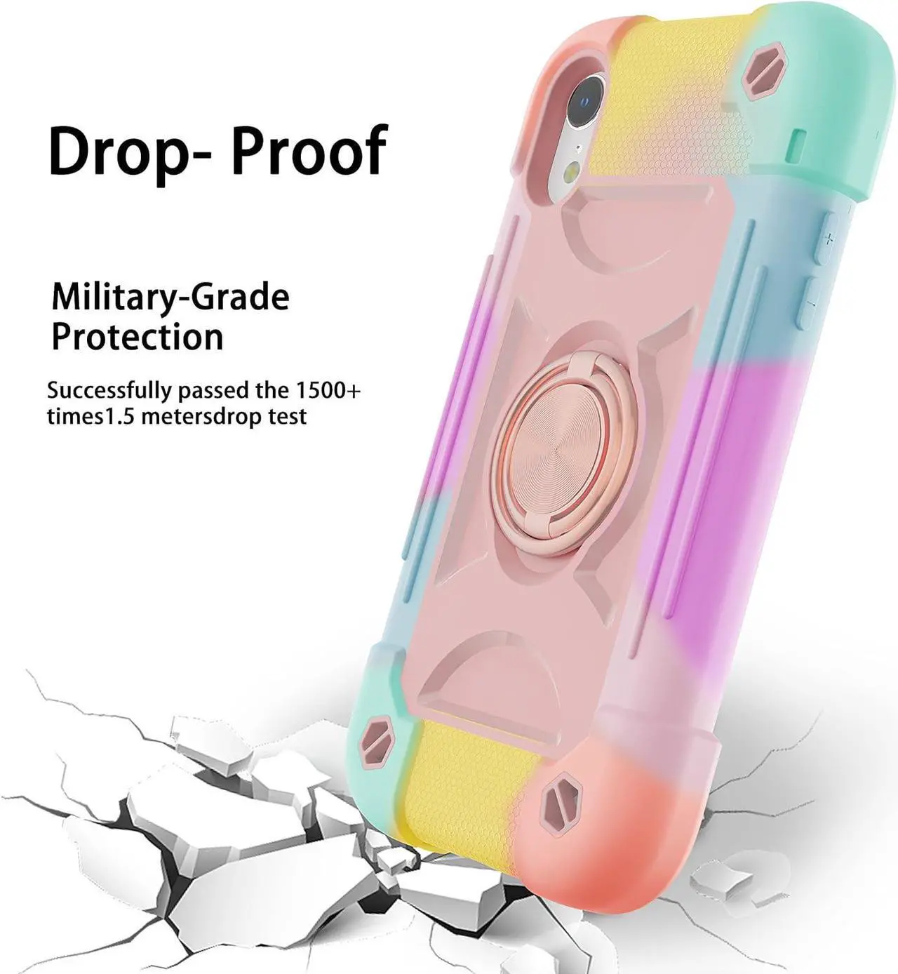 Alt view image 5 of 7 - for iPhone XR Case 6.1 Inch with Ring Stand, with 2 Pack Glass Screen Protector,Heavy-Duty Shockproof Rugged Military Grade Cover with Magnetic Car Mount for iPhone XR (Rainbow Pink)