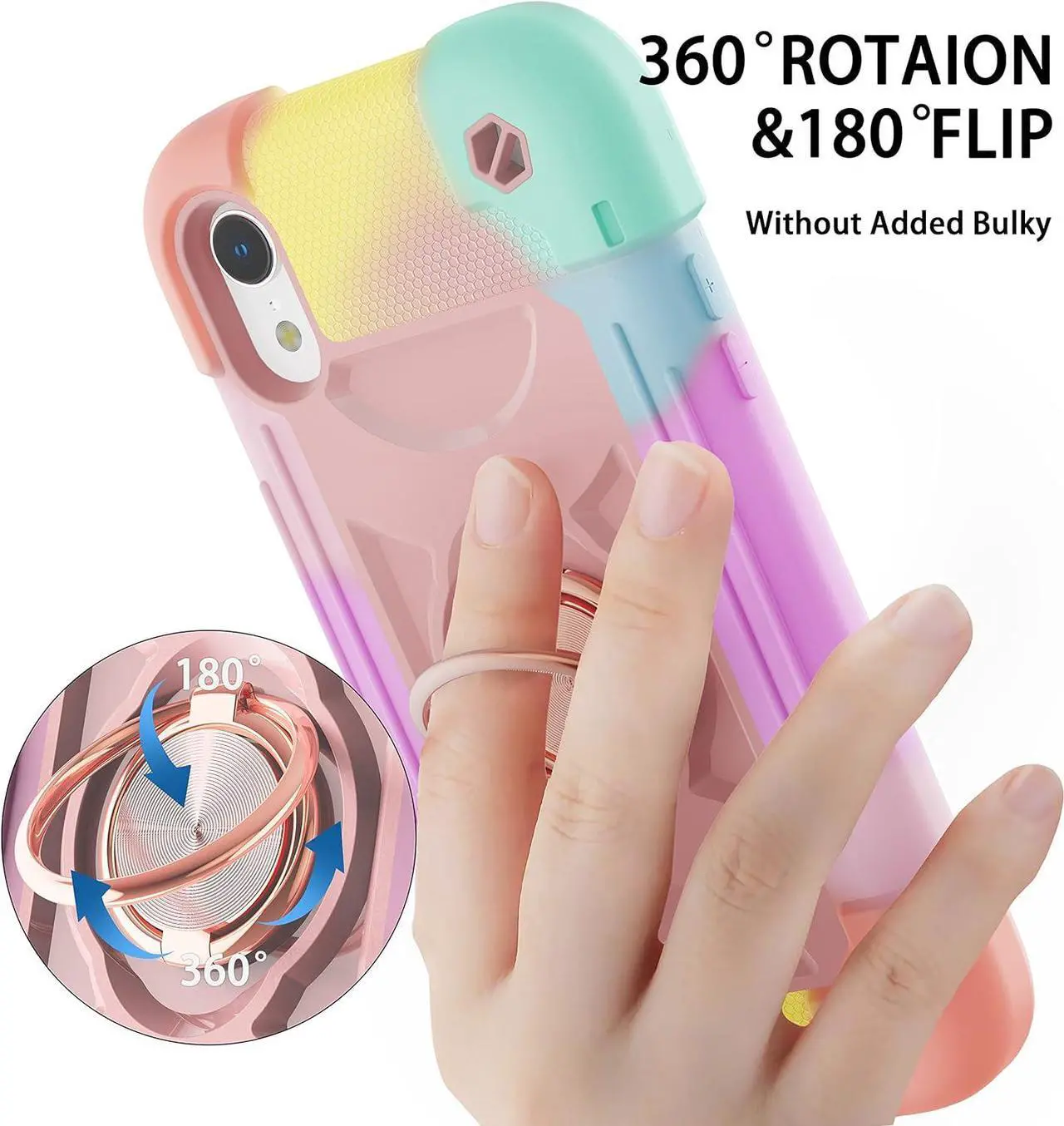 Alt view image 6 of 7 - for iPhone XR Case 6.1 Inch with Ring Stand, with 2 Pack Glass Screen Protector,Heavy-Duty Shockproof Rugged Military Grade Cover with Magnetic Car Mount for iPhone XR (Rainbow Pink)