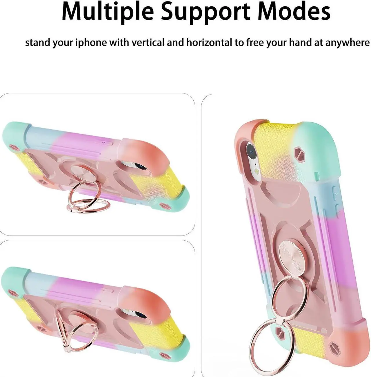 Alt view image 7 of 7 - for iPhone XR Case 6.1 Inch with Ring Stand, with 2 Pack Glass Screen Protector,Heavy-Duty Shockproof Rugged Military Grade Cover with Magnetic Car Mount for iPhone XR (Rainbow Pink)