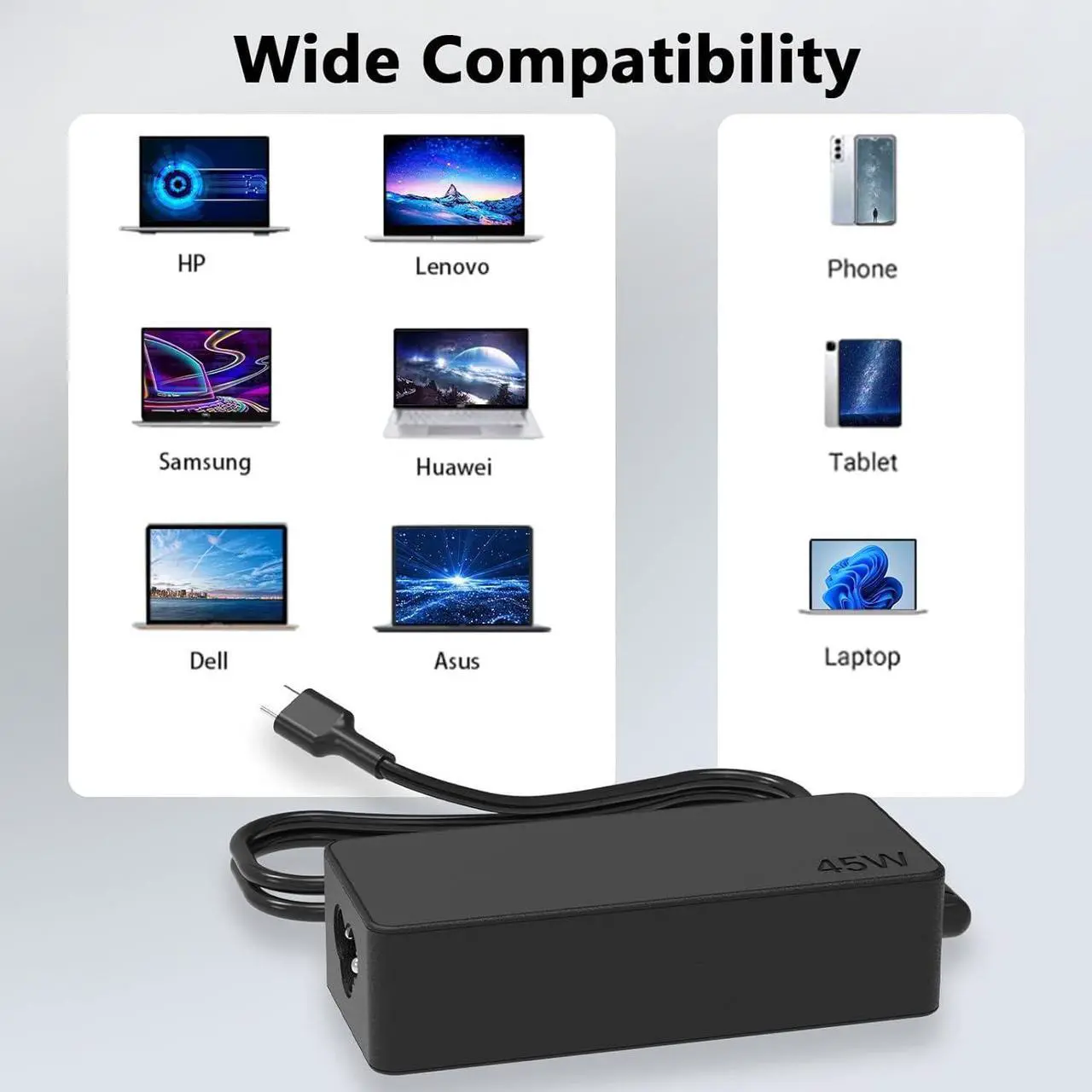 Alt view image 6 of 7 - 45W USB-C Chrome Book. Laptop Charger for HP Chromebook X360 14 11 11A 12, for Lenovo Acer Google Asus Samsung ct-x636f USBC Type C Computer Power Supply Flat Adapter Fast Charging Cord Replacement