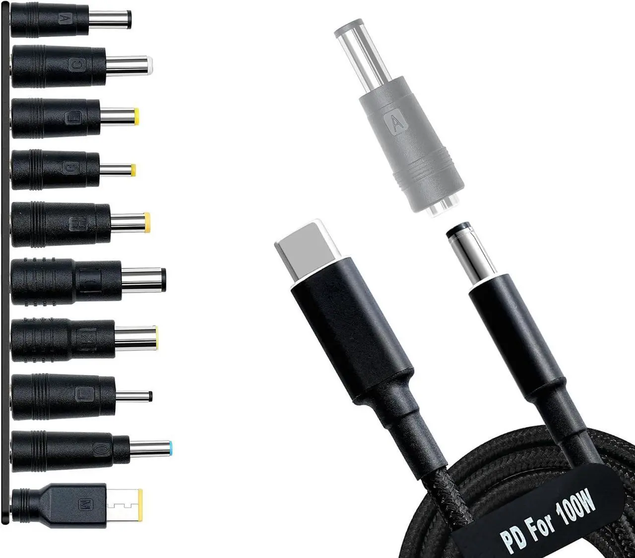 Main image of USB C to DC Adapters 10PCS Power Plug Kit, Universal Charger Supply 100W PD Power Cable & 5.5x2.1mm Round Barrel Jack for Sony Toshiba Samsung Acer Asus Lenovo Dell HP Laptop Charging Connector Tips