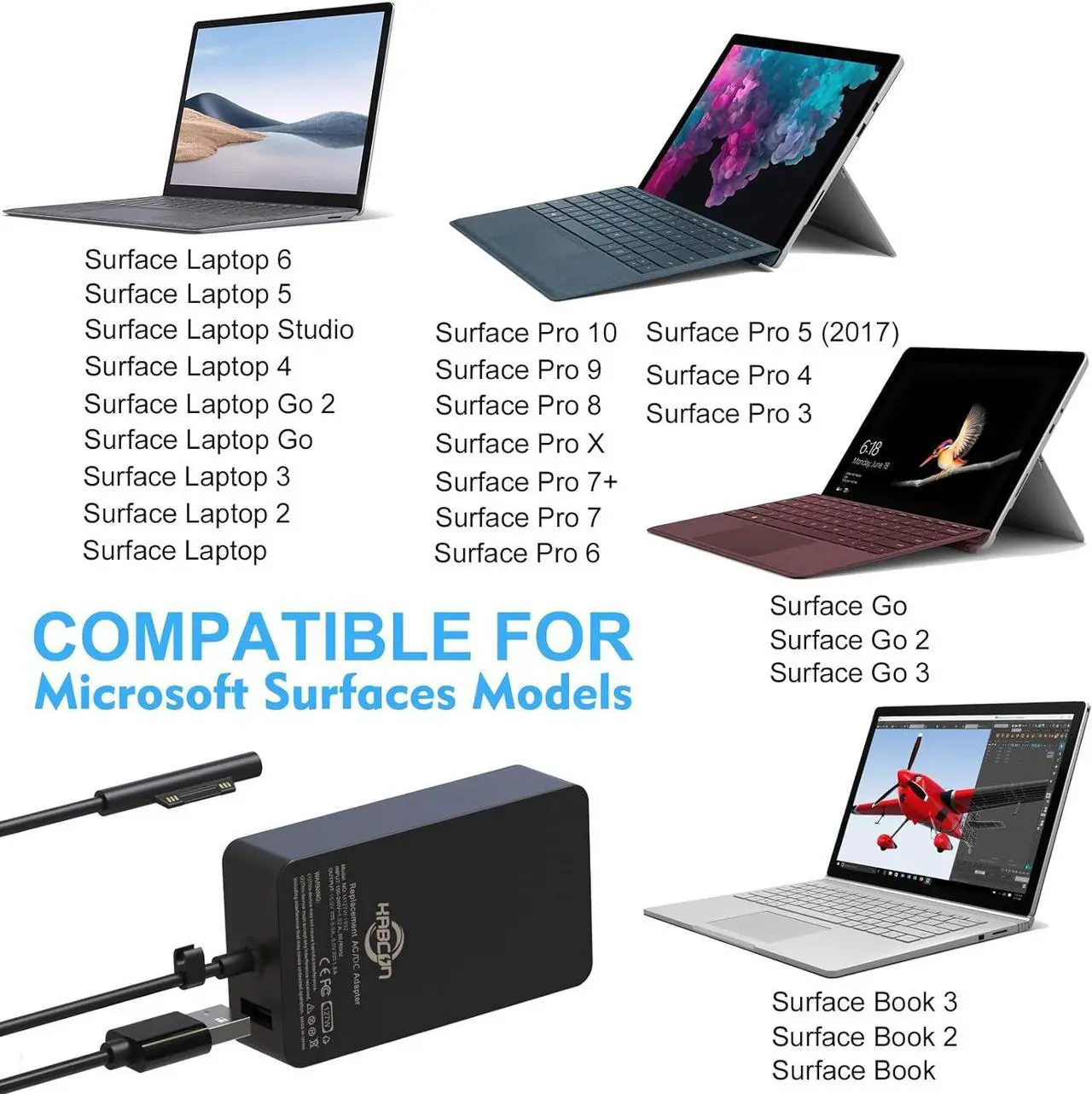Alt view image 3 of 7 - 127W Charger for Microsoft Surface Book 3 2 1, Surface Laptop 6 5 Go2 Studio Go 4 3 2 1, Surface Pro 10 9 8 7+ X 7 6 5 4 3, Surface Go 3 2 1, 11FT Cord&Carry Bag