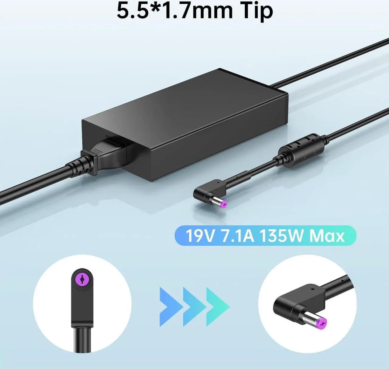 Alt view image 2 of 6 - 19V 7.1A 135W Charger for Acer Nitro V15 V14 V16 ANV15 ANV14 ANV16 Gaming Laptop, Acer Nitro-5 135 Watt PA-1131-16 PA-1131-26 Power Adapter