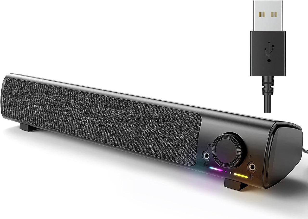 Main image of Computer Speakers, USB Powered 3.5mm AUX PC Sound Bar for Desktop Monitor, Gaming Speakers with Headphones & Microphone Link, Superb Stereo Sound, Plug-n-Play (Black)