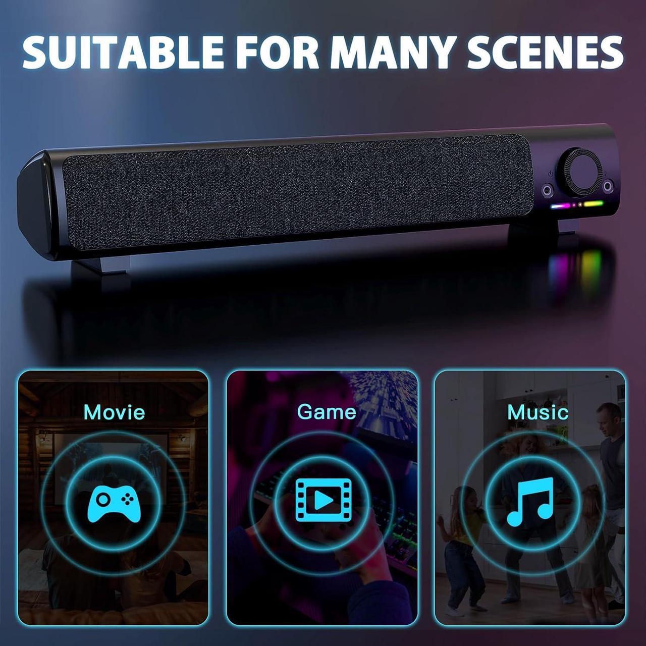 Alt view image 3 of 7 - Computer Speakers, USB Powered 3.5mm AUX PC Sound Bar for Desktop Monitor, Gaming Speakers with Headphones & Microphone Link, Superb Stereo Sound, Plug-n-Play (Black)