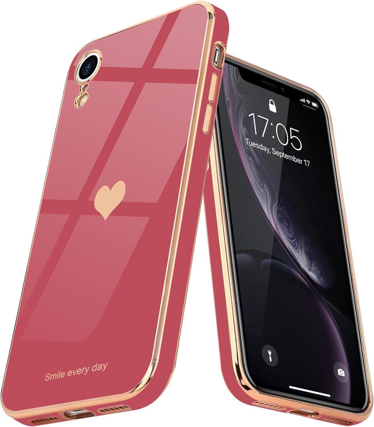 Main image of Teageo Compatible with iPhone Xr Case for Women Girl Cute Love-Heart Luxury Bling Plating Soft Back Cover Raised Full Camera Protection Bumper Silicone Shockproof Phone Case for iPhone Xr,Bright Blush
