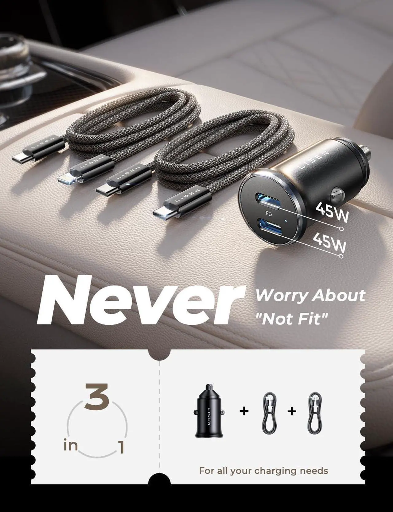 Alt view image 4 of 7 - 90W USB C Car Charger Fast Charging, Dual USB C Port PD 45W Cigarette Lighter Adapter USBC Car Charger iPhone, LISEN Super Fast Car Charger USB C with Lightning Cable & USB C Cable for iPhone 15