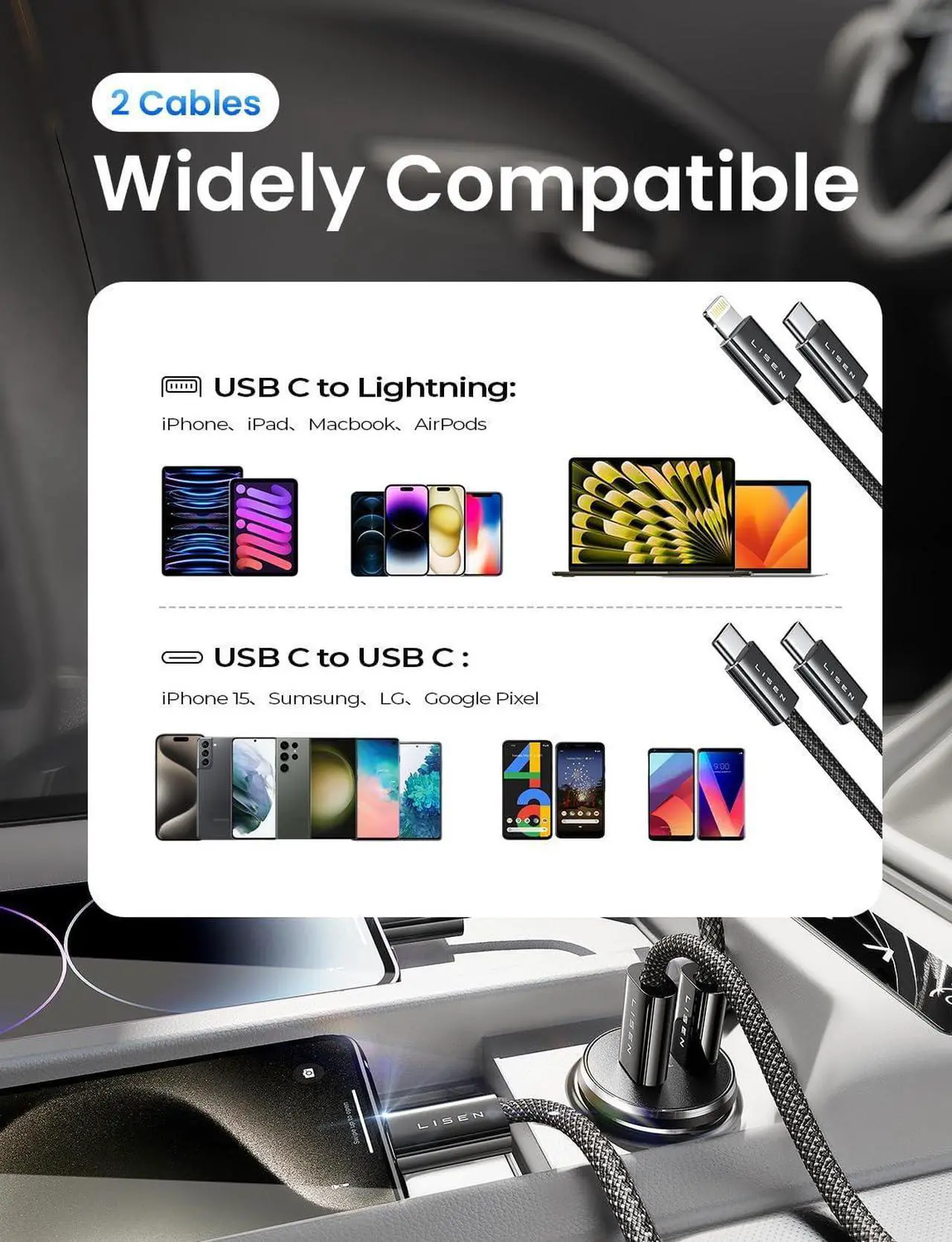 Alt view image 7 of 7 - 90W USB C Car Charger Fast Charging, Dual USB C Port PD 45W Cigarette Lighter Adapter USBC Car Charger iPhone, LISEN Super Fast Car Charger USB C with Lightning Cable & USB C Cable for iPhone 15