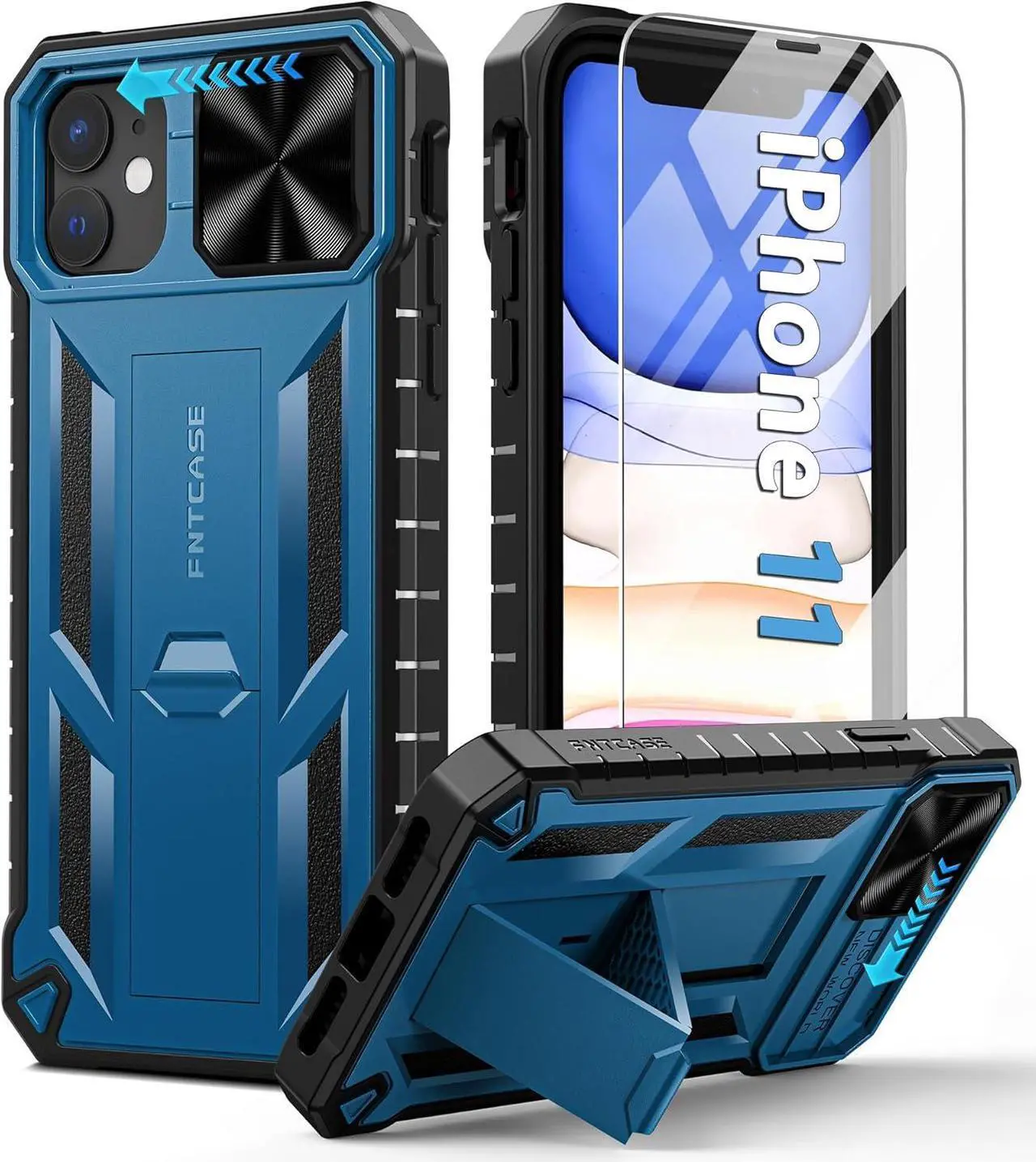 Main image of FNTCASE for iPhone 11 Phone Case: Rugged Shockproof Protective Cases for Apple iPhone 11 6.1 inch | Military Grade Drop Proof Protection Cell Phone Mobile Cover with Kickstand & Slide, Blue