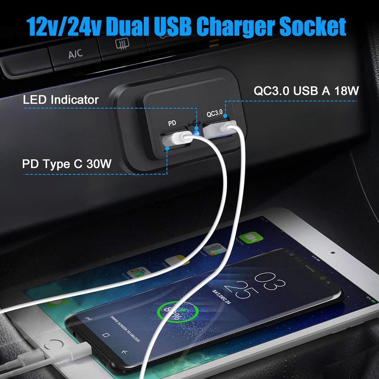 Alt view image 2 of 7 - 12V USB Outlet, Quick Charge 3.0 USB-A Port and USBC Port, 12V 24V Input Surface Mount RV USB Outlet, for RV Marine Motorcycle Truck Golf Cart