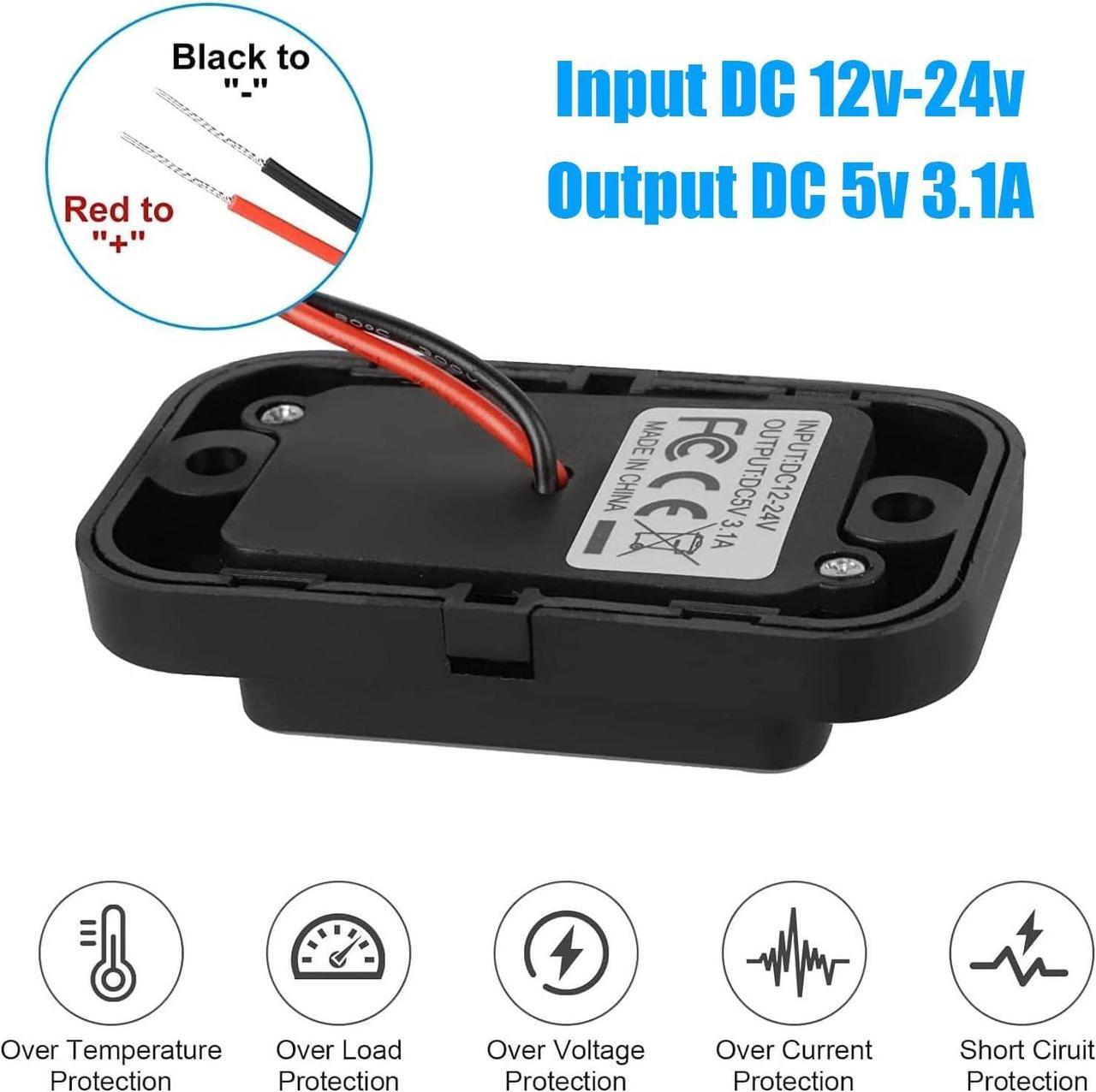 Alt view image 4 of 7 - 12V USB Outlet, Quick Charge 3.0 USB-A Port and USBC Port, 12V 24V Input Surface Mount RV USB Outlet, for RV Marine Motorcycle Truck Golf Cart