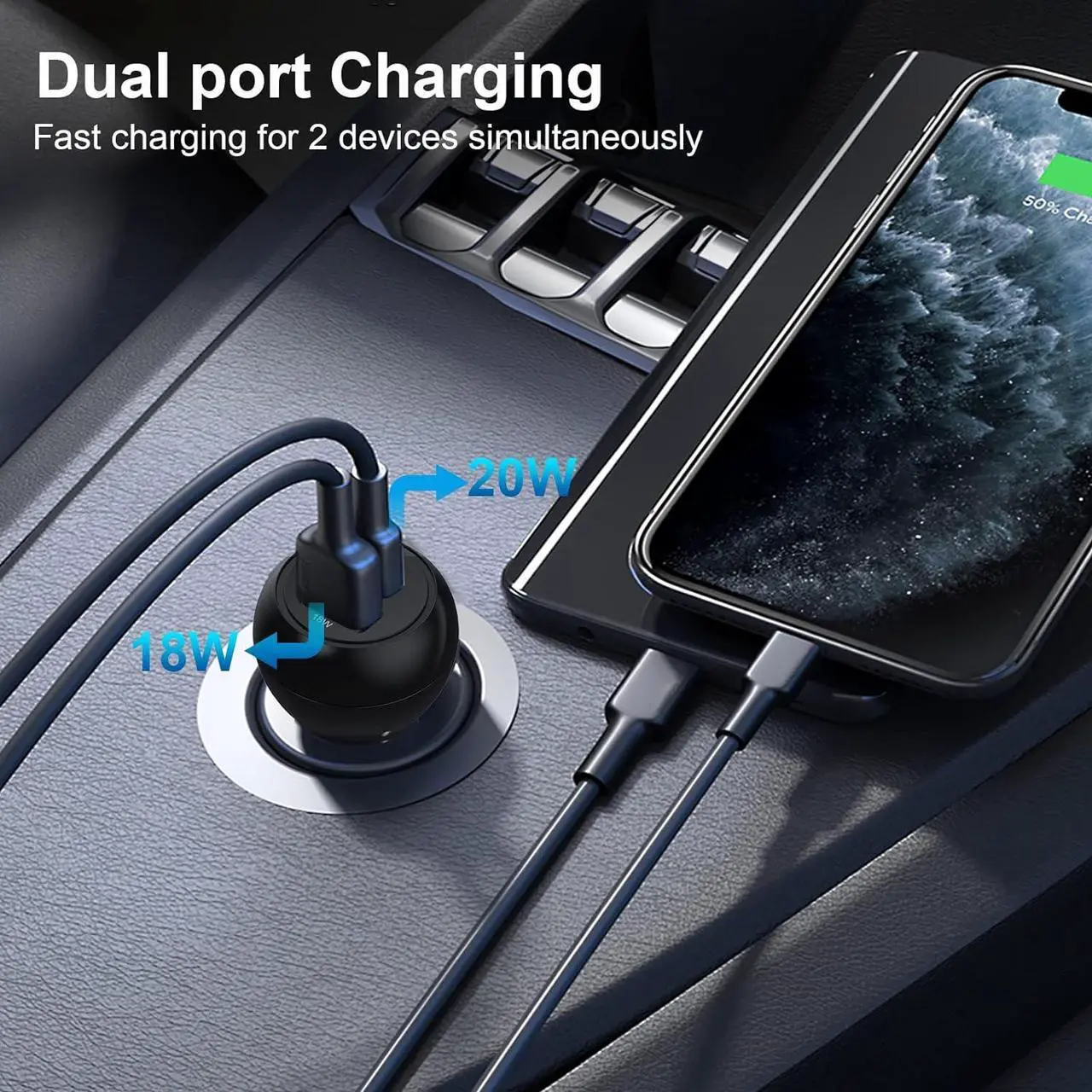 Alt view image 3 of 6 - USB C Car Charger Adapter, 12V Car Charger Multi Port, 38W 2 Port Car Charger, PD 20W& QC 18W Cigarette Lighter Adapter, USB C Car Plug Fast Charging iPhone 14/13/12, iPad Air/Pro, S20/S10, Note 21/20