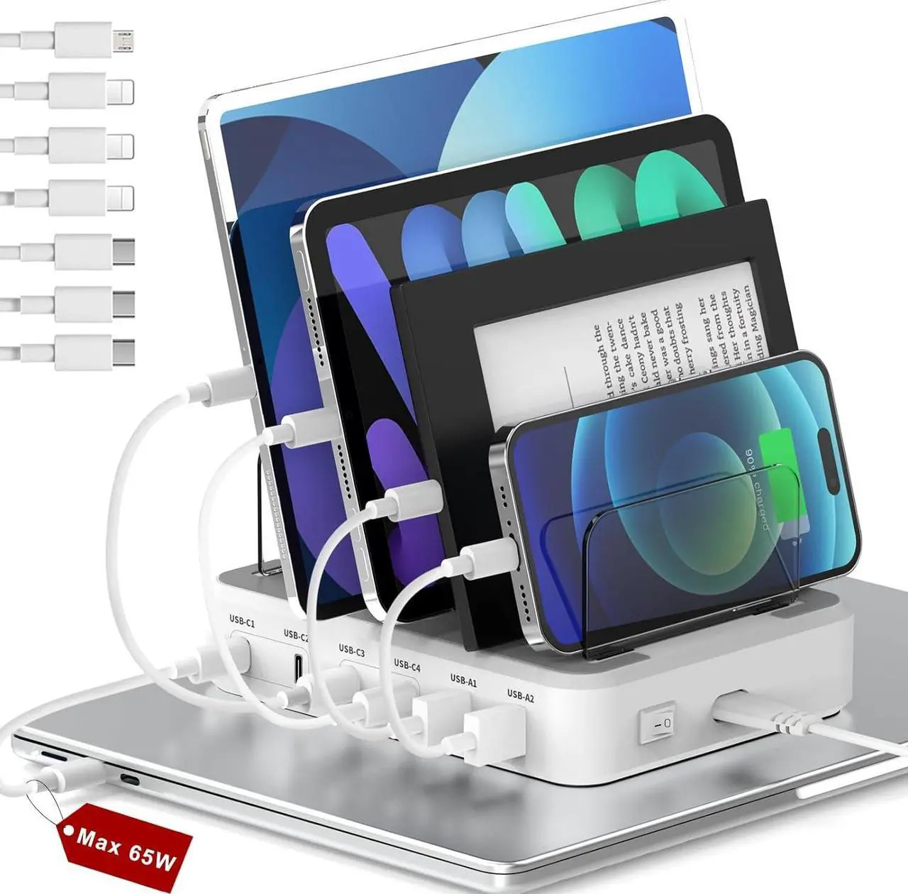 Main image of 120W Charging Station for Multiple Devices - 6 Port Charger Station Designed for Apple iPhone iPad Tablets, 65W Max USB-C Fast Charger for Laptops (7 Cables & 2-in-1 Stand Included)