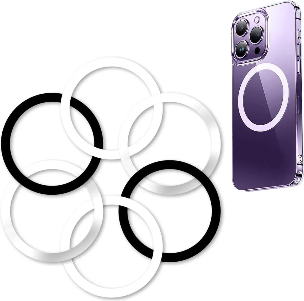 Main image of WYNK Universal Metal Rings Compatible for Apple Magsafe Charger/Wallet/Battery Pack, Compatible with iPhone 15/14/13/12 Series(Mini/Plus/Pro/Pro Max) and Samsung Galaxy (Black+White+Sliver, 6 PCS)