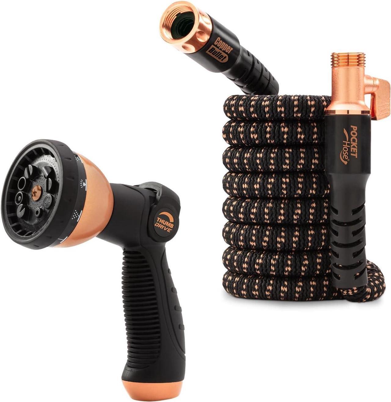 Main image of Pocket Hose Copper Bullet Expandable Garden Hose 25 FT w/10 Pattern Thumb Spray Nozzle AS-SEEN-ON-TV 650psi 3/4 in Patented Lead-Free Ultra-Lightweight Solid Copper Anodized Aluminum Fittings No-Kink
