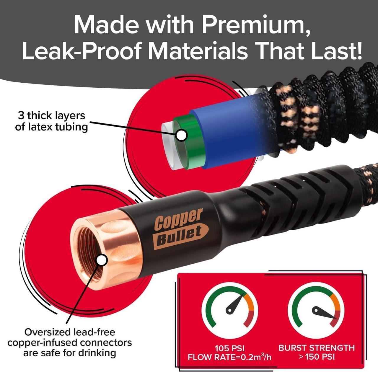 Alt view image 4 of 7 - Pocket Hose Copper Bullet Expandable Garden Hose 25 FT w/10 Pattern Thumb Spray Nozzle AS-SEEN-ON-TV 650psi 3/4 in Patented Lead-Free Ultra-Lightweight Solid Copper Anodized Aluminum Fittings No-Kink