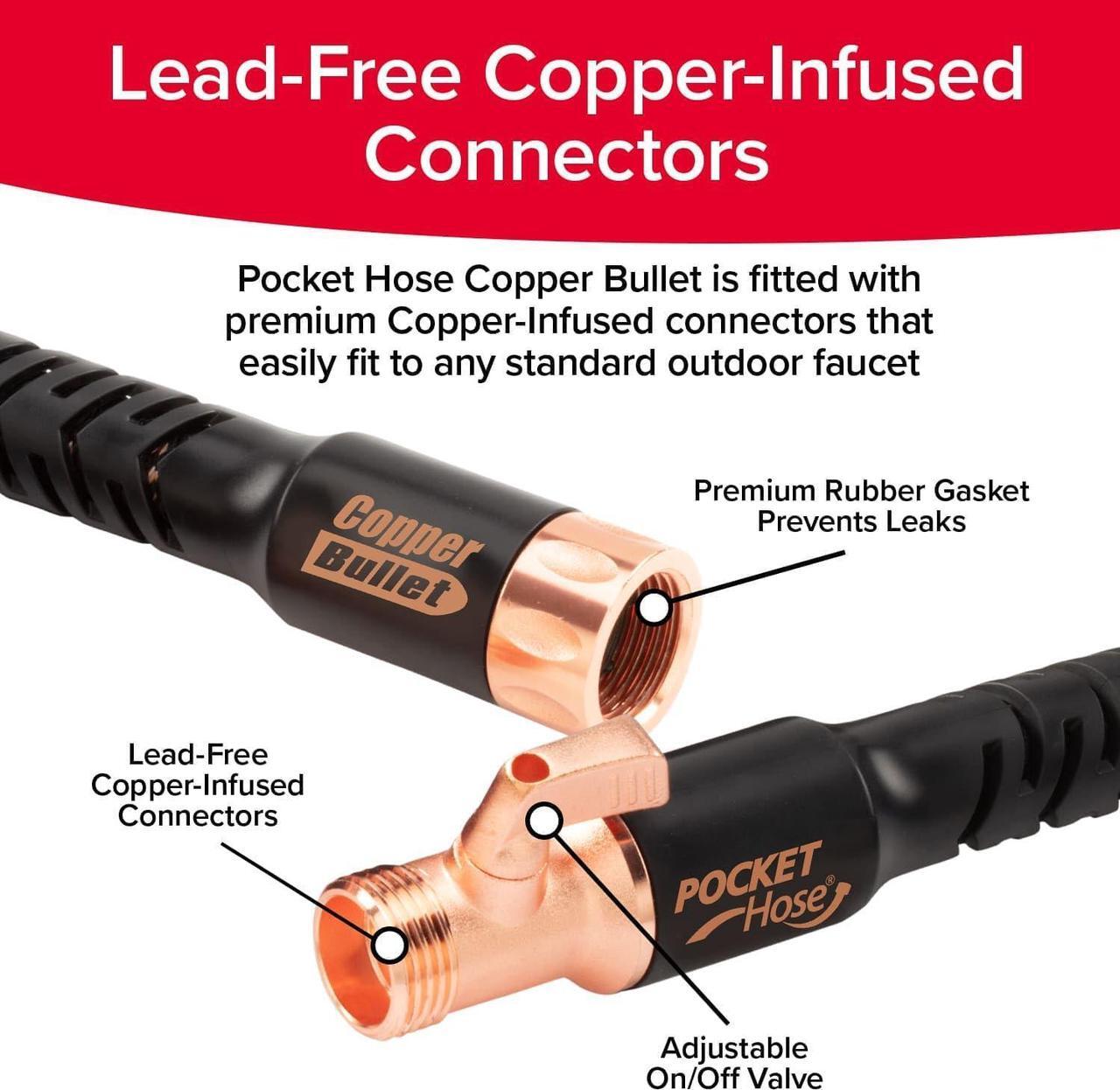 Alt view image 5 of 7 - Pocket Hose Copper Bullet Expandable Garden Hose 25 FT w/10 Pattern Thumb Spray Nozzle AS-SEEN-ON-TV 650psi 3/4 in Patented Lead-Free Ultra-Lightweight Solid Copper Anodized Aluminum Fittings No-Kink