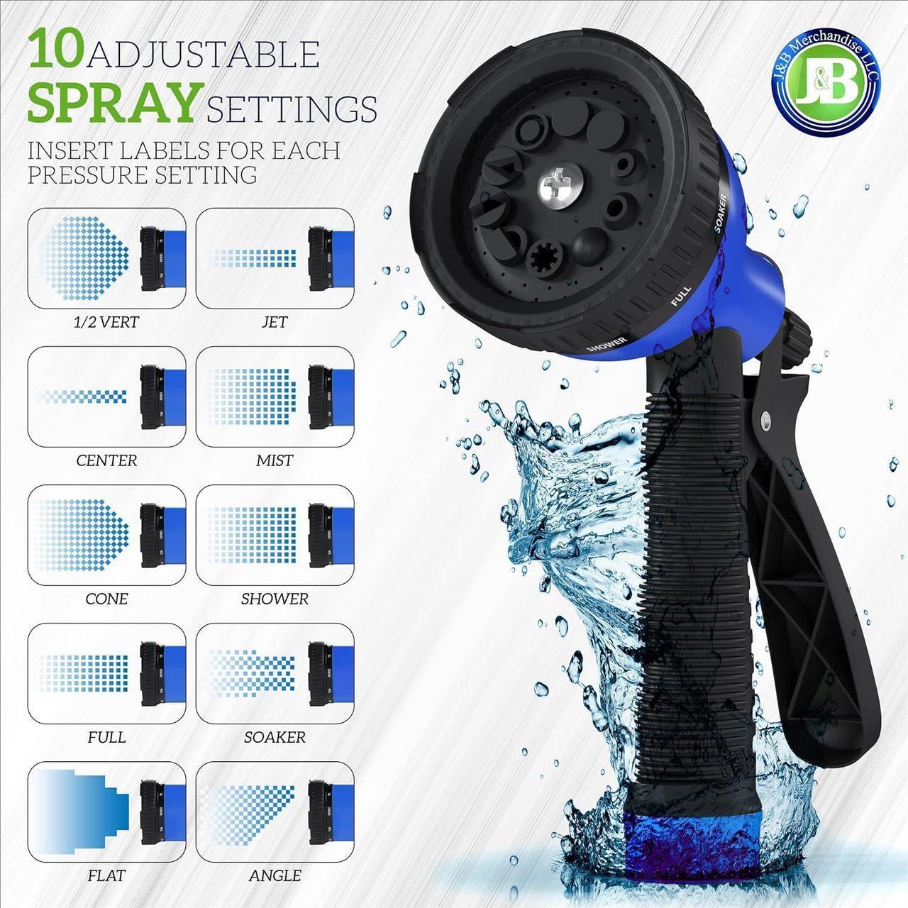Alt view image 3 of 6 - J&B XpandaHose 75ft Expandable Garden Hose with Holder - Heavy Duty Superior Strength 3750D - 4 -Layer Latex Core - Extra Strong Brass Connectors and 10 Spray Nozzle w/Storage Bag (Blue 75)