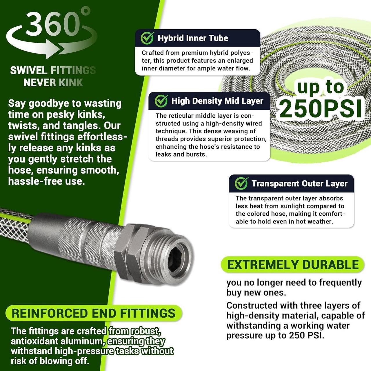Alt view image 2 of 6 - Flexible Garden Hose 100 FT - Heavy Duty Non-Expandable 100FT Outdoor Water Hose Pipe, 1/2" x 100Feet, 3/4" Solid Swivel Fittings, 100 Feet, Kink and Leak Proof