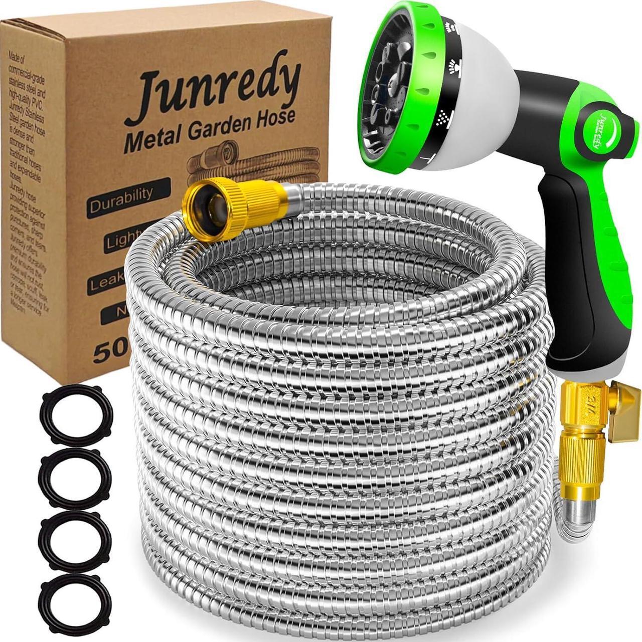 Main image of 50FT Stainless Steel Garden Hose, Heavy Duty Flexible Metal Water Hose with 10-Function Nozzle, Lightweight & No-Kink Garden Hose, Durable Solid Fittings for Lawn, Car, RV, and Outdoor Watering