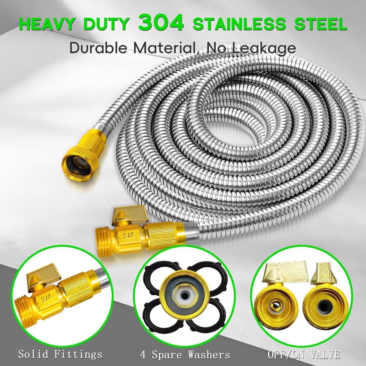 Alt view image 2 of 6 - 50FT Stainless Steel Garden Hose, Heavy Duty Flexible Metal Water Hose with 10-Function Nozzle, Lightweight & No-Kink Garden Hose, Durable Solid Fittings for Lawn, Car, RV, and Outdoor Watering