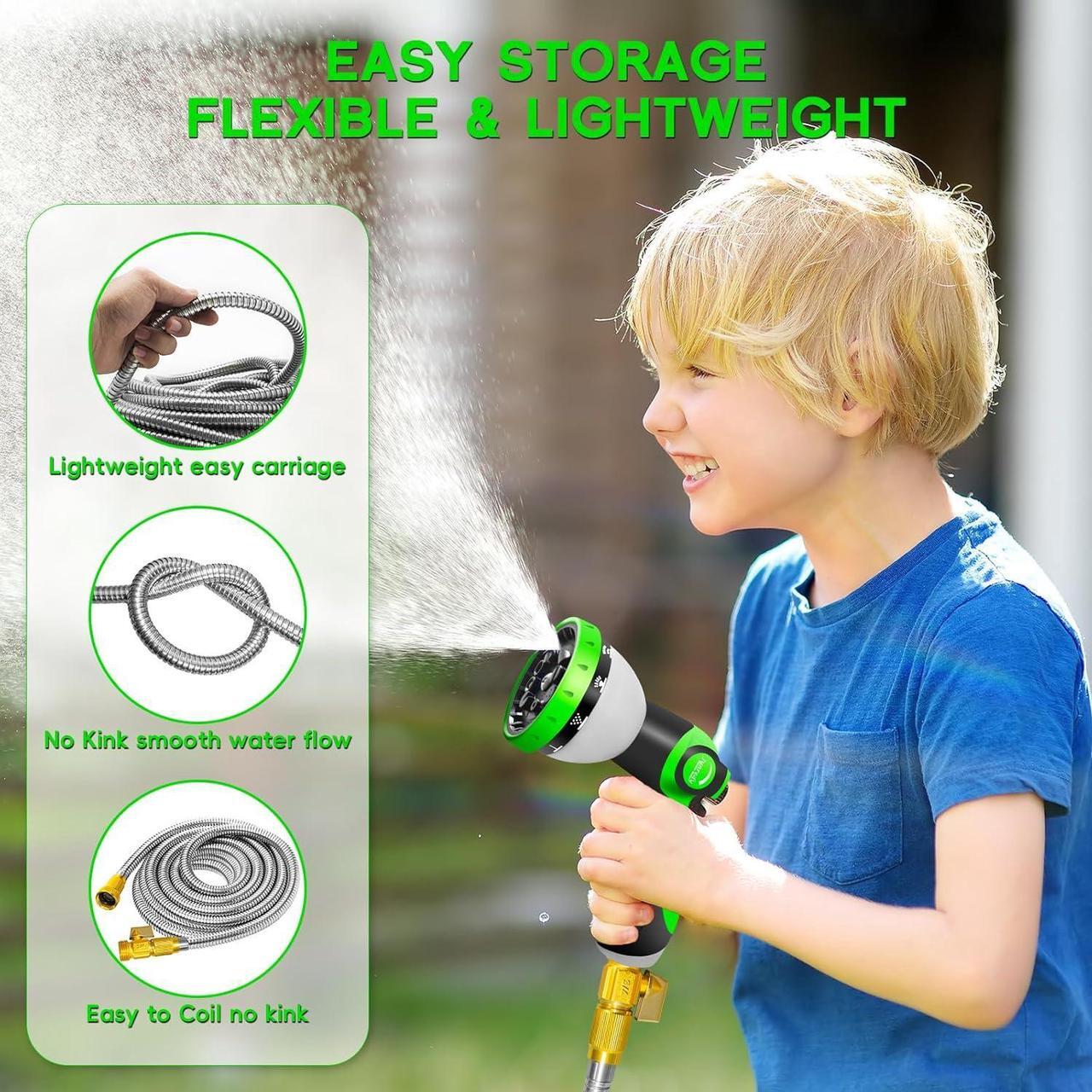 Alt view image 3 of 6 - 50FT Stainless Steel Garden Hose, Heavy Duty Flexible Metal Water Hose with 10-Function Nozzle, Lightweight & No-Kink Garden Hose, Durable Solid Fittings for Lawn, Car, RV, and Outdoor Watering