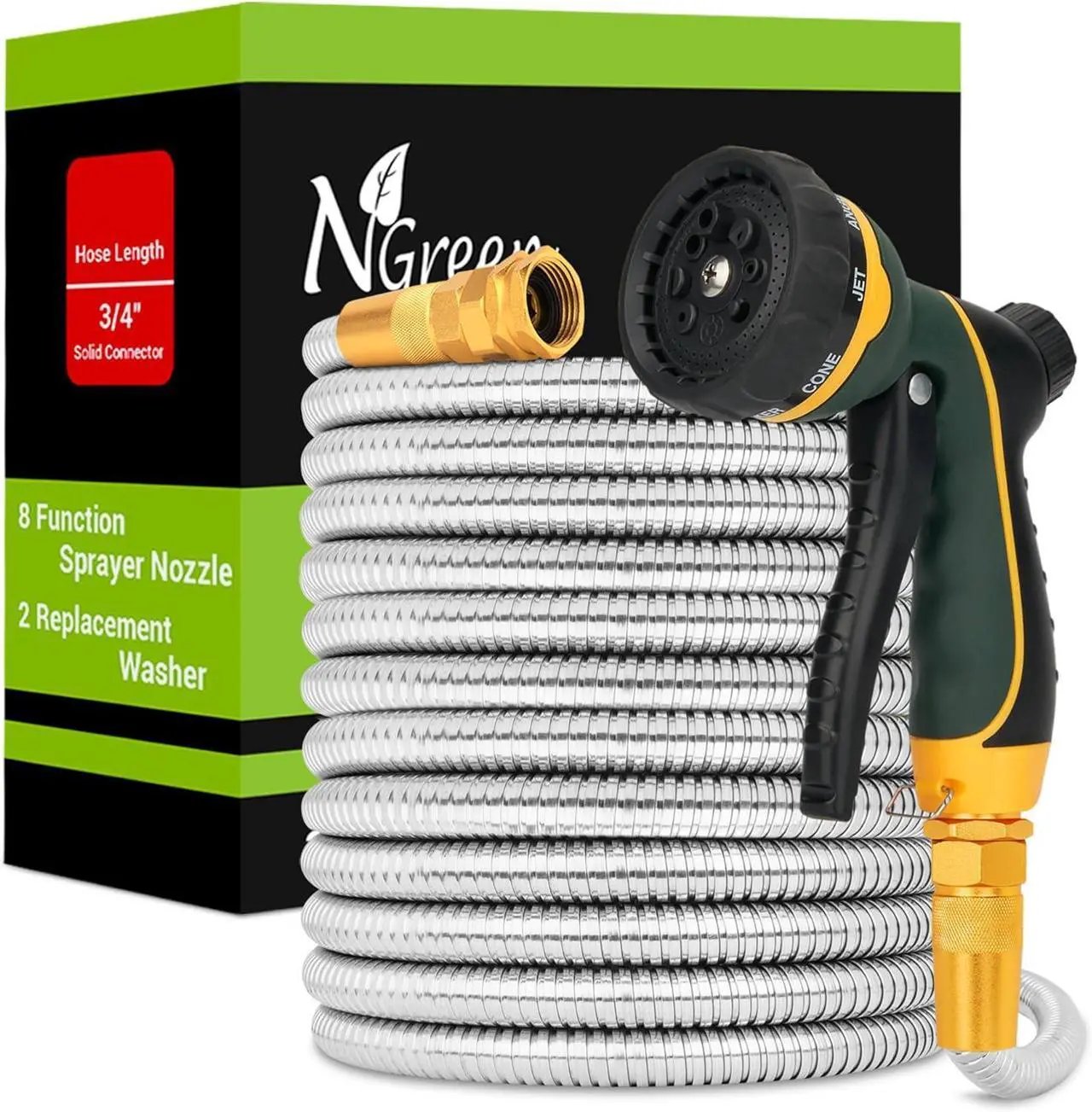 Main image of NGreen Stainless Steel Garden Hose - Flexible Metal Water Hose with Nozzle, Puncture, Rust Proof and Corrosion Resistant, Never Kink and High Pressure, Collapsible and Easy to Store (50FT)