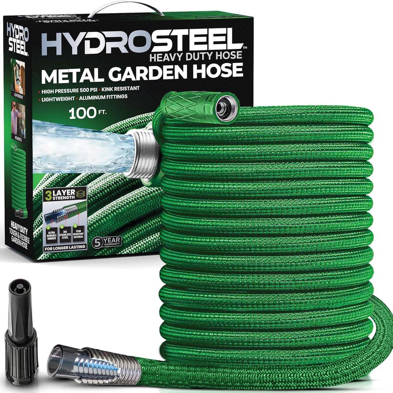 Main image of HYDROSTEEL Metal Garden Hose 100 Ft with Nozzle, Water Hose 100Ft, Heavy Duty 3x Layer Stainless Steel Flexible 100 Ft Garden Hose, Lightweight, Easy to Coil, Garden Hoses 500 PSI AS SEEN ON TV
