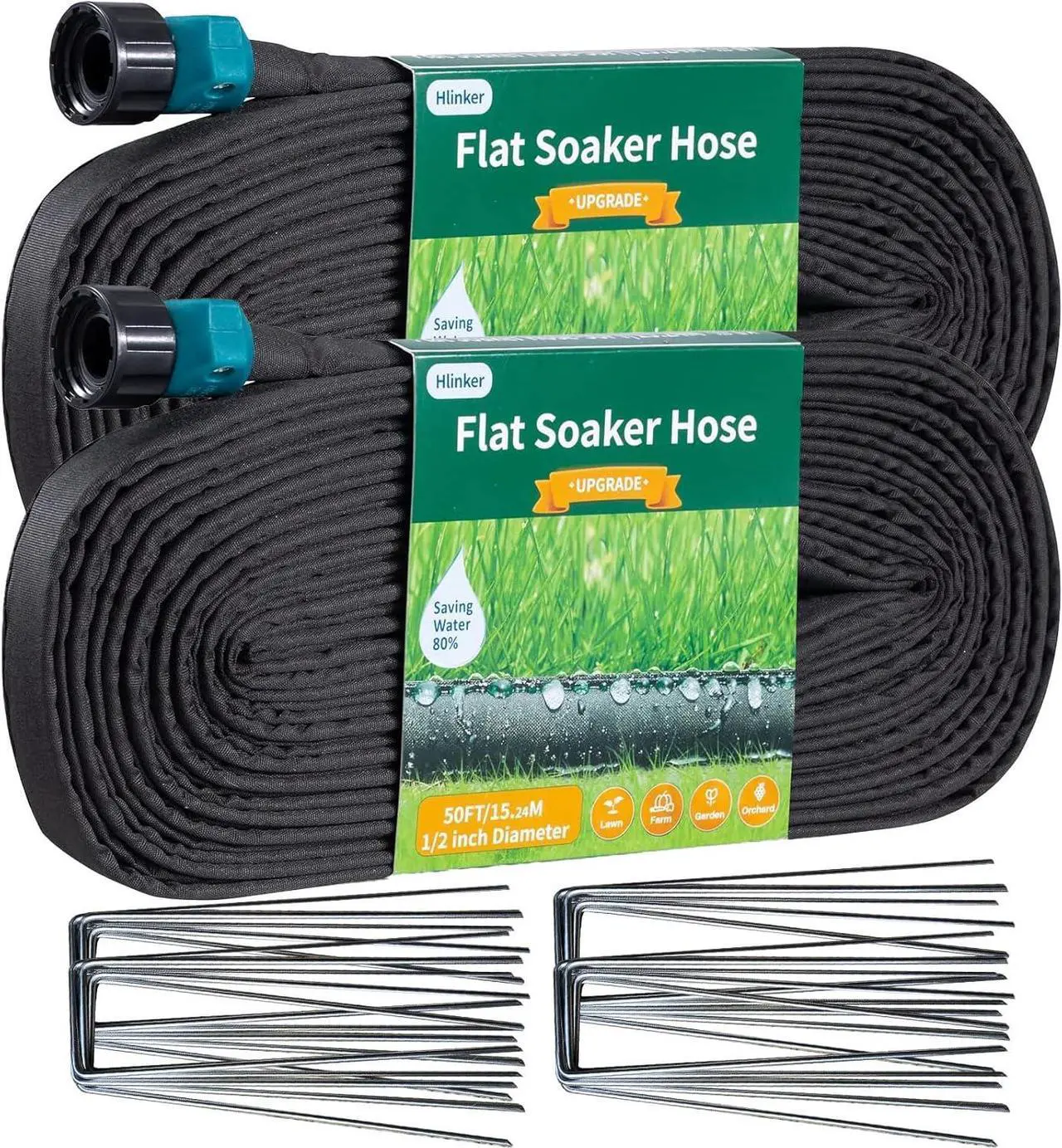 Main image of 2025 Flat Soaker Hose 100 ft (50ft 2Packs) with Stake for Garden, Linkable Drip Hose Diy Automates Garden Irrigation System Saving 88% Water, Dual-layer Leak-free Design Water Hose with Holes