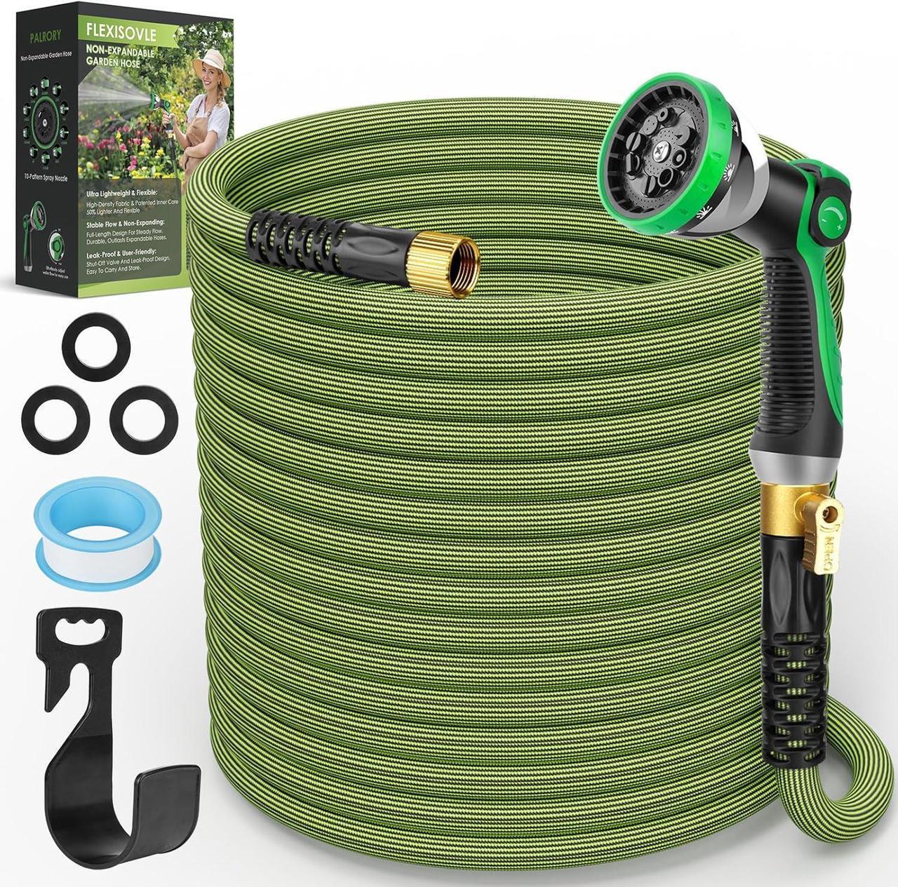 Main image of Non-Expandable Garden Hose 50 ft, Ultra Lightweight Flexible Water Hose with 10-Pattern Nozzle, Kink-Resistant, Leak-Proof, High-Density Fabric, Thickened Connector, Shut-Off Valve & Holder