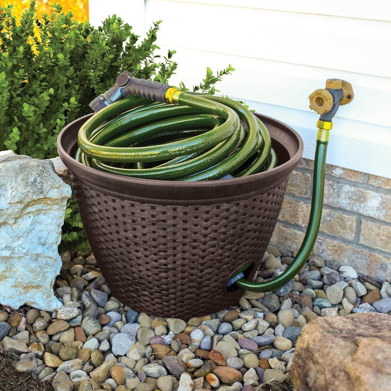 Alt view image 2 of 3 - The HC Companies Woven Garden Hose Holder - Lightweight Plastic Decorative Water Hose Holder w/100-Foot Capacity - Garden Hose Pots for Outside (18, Chocolate, Pack of 1)