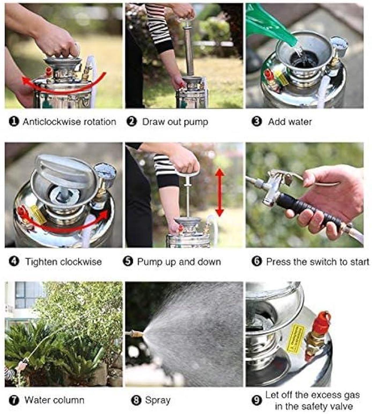 Alt view image 5 of 5 - 1.5Gal Stainless Steel Pump Up Sprayer Reinforced Hose, Hand Pump Sprayer with Pressure Gauge&Safety Valve, Adjustable Nozzle Suitable for Gardening (1.5 Gallon)