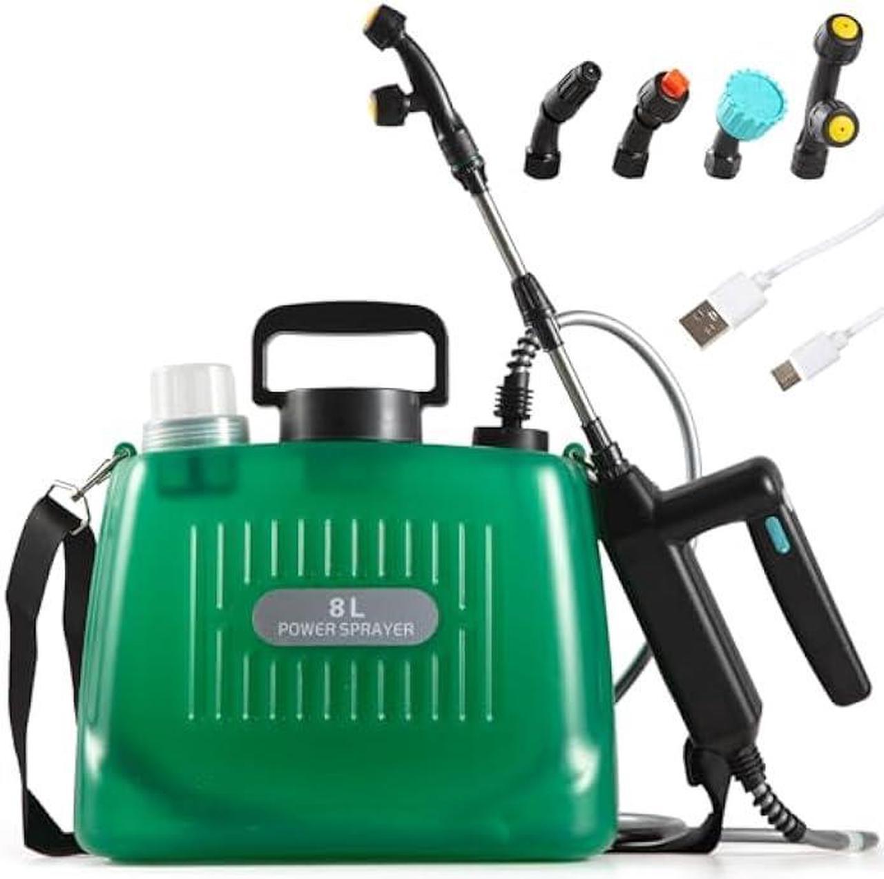 Main image of Battery Powered Garden Sprayer 2 Gallon, Rechargeable Pump Sprayer with 4 Mist Nozzles & Retractable WandPortable Water Electric Sprayers in Lawn and Garden with Adjustable Shoulder StrapGreen