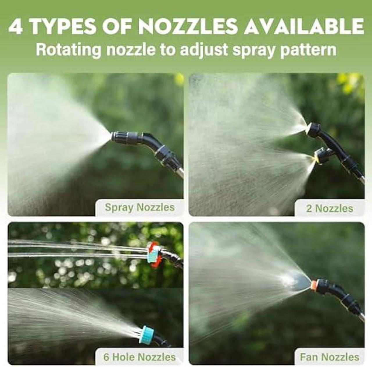 Alt view image 4 of 5 - Battery Powered Garden Sprayer 2 Gallon, Rechargeable Pump Sprayer with 4 Mist Nozzles & Retractable WandPortable Water Electric Sprayers in Lawn and Garden with Adjustable Shoulder StrapGreen