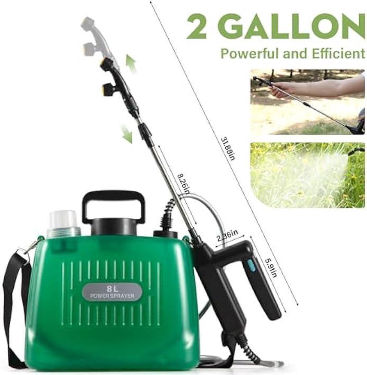 Alt view image 5 of 5 - Battery Powered Garden Sprayer 2 Gallon, Rechargeable Pump Sprayer with 4 Mist Nozzles & Retractable WandPortable Water Electric Sprayers in Lawn and Garden with Adjustable Shoulder StrapGreen