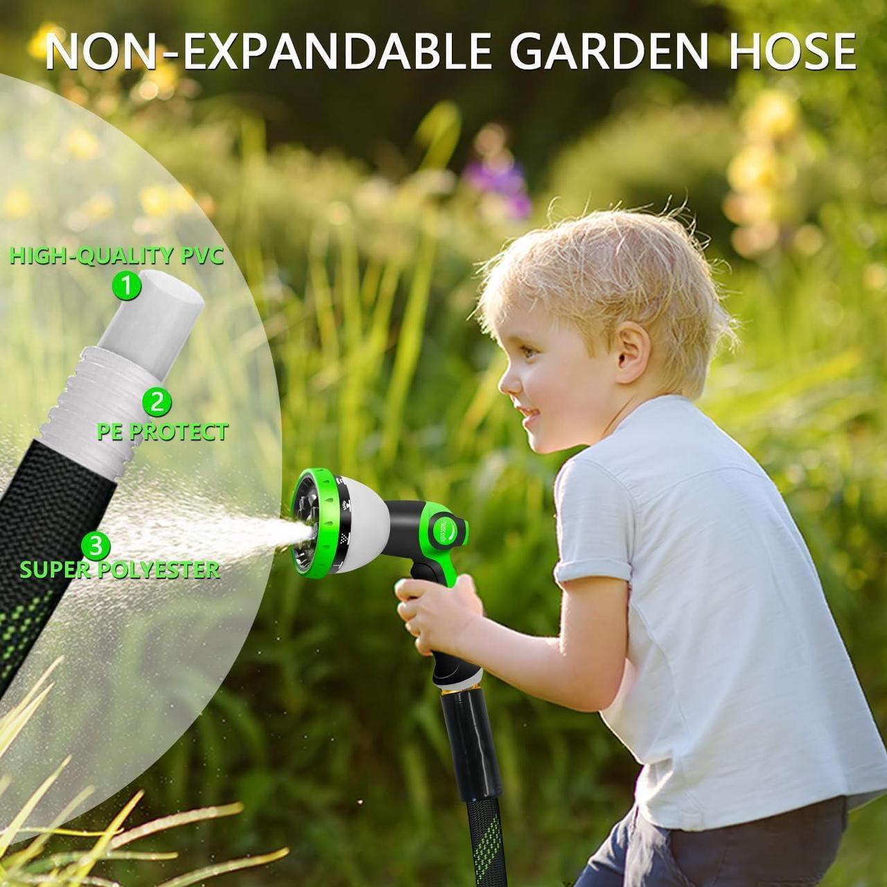 Alt view image 2 of 6 - Garden Hose 25 FT, NON-EXPANDABLE Heavy-Duty Flexible & Lightweight Water Hose with 10-Function Nozzle, No-Kink Design, Leak-Proof Super Fabric, Solid Fittings for Lawn, Car, RV