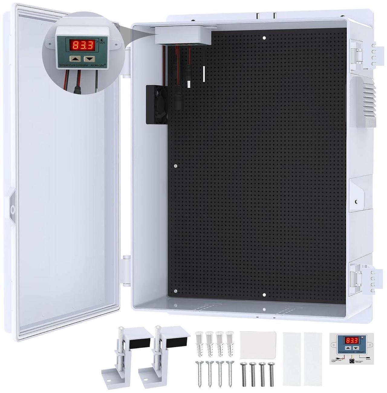 Main image of Outdoor Electrical Box, Waterproof Electrical Junction Box IP65 ABS Plastic Enclosure with Fan & Thermostat, Mounting Plate and Hinged Lid (15.7" H x 11" L x 5.9" W)